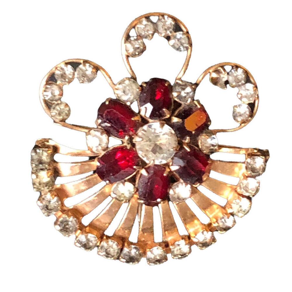 Scitarelli Signed Art Nouveau Gold Tone Brooch Ruby Color with Clear Rhinestones